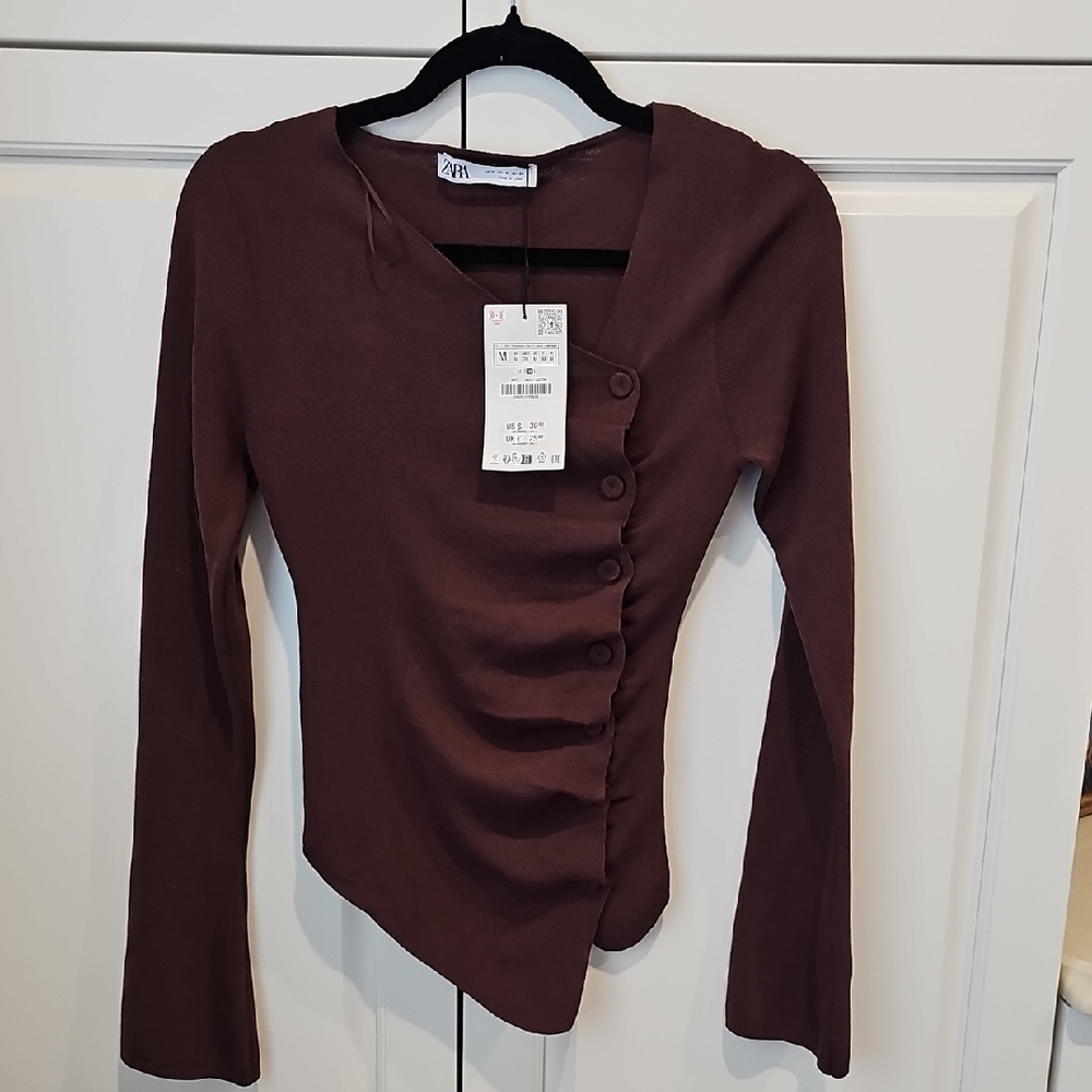 Zara Brown Asymmetrical Ruched Long Sleeve Cardigan